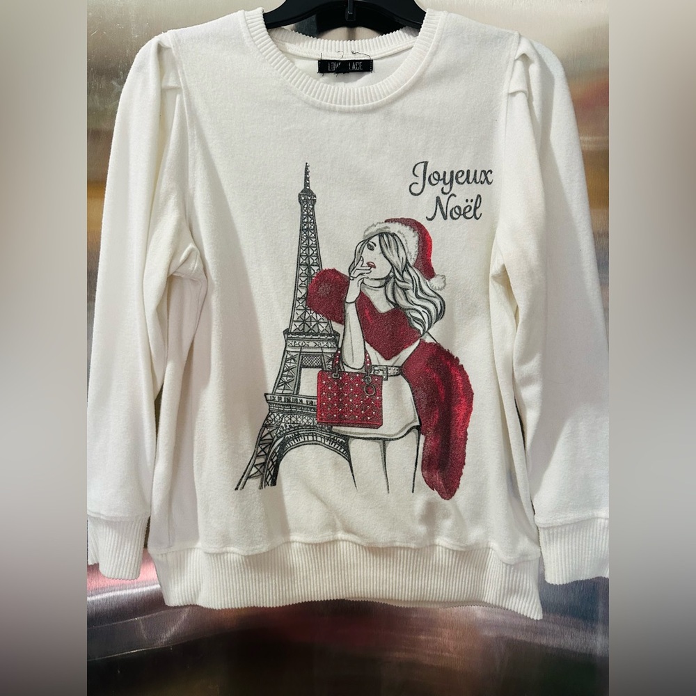 Chic White Long Sleeve Top with Red Parisian Design